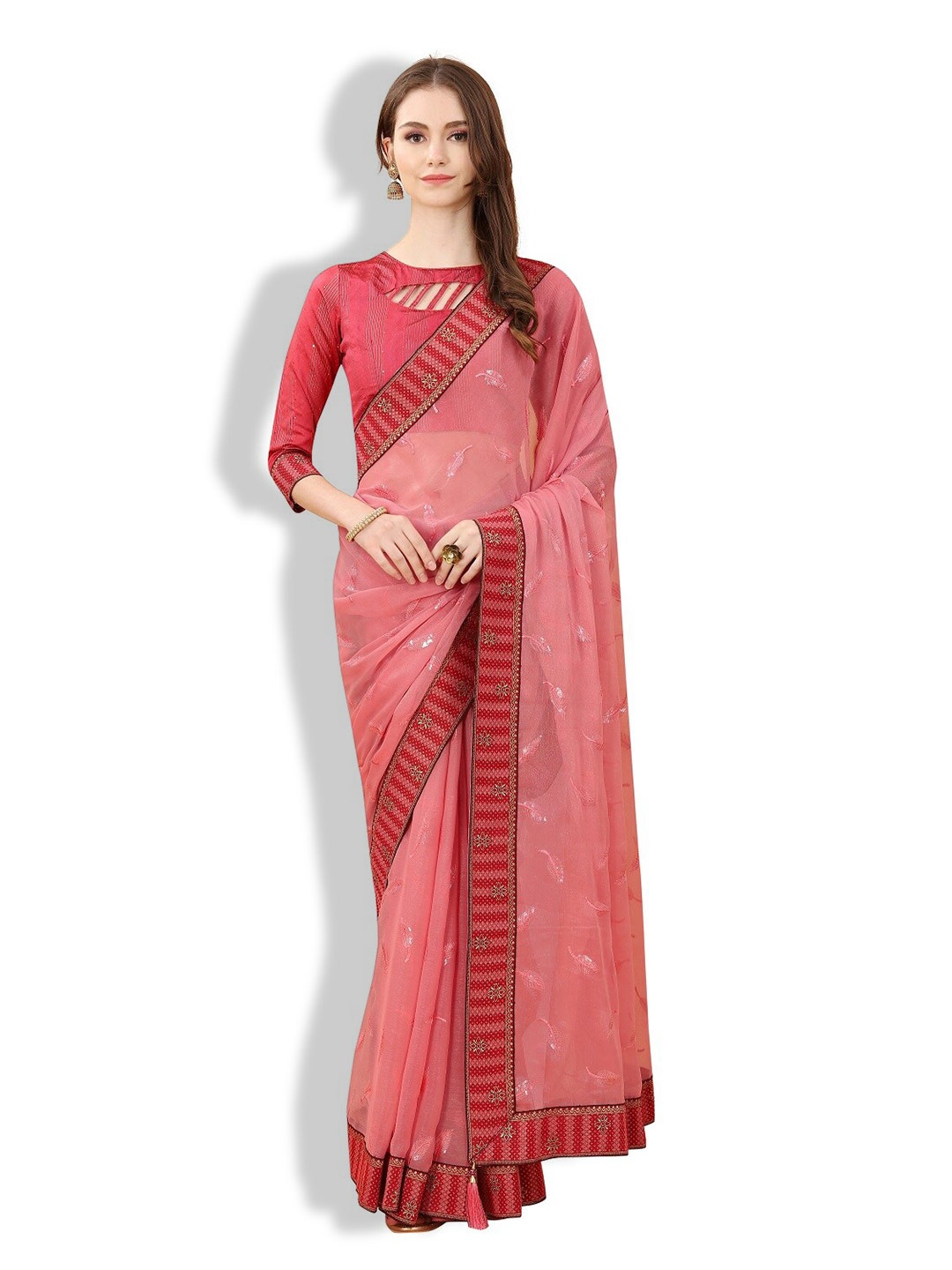 

ZEEPKART Embellished Woven Design Border Saree, Pink