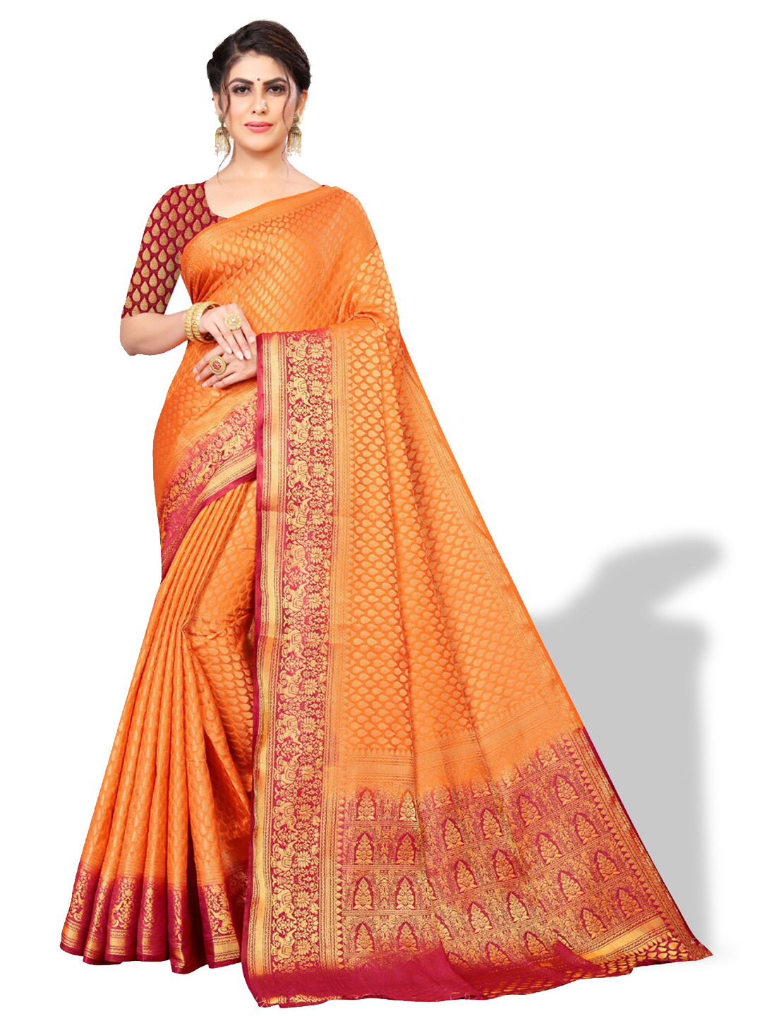 

ZEEPKART Ethnic Motifs Woven Design Zari Kanjeevaram Saree, Orange