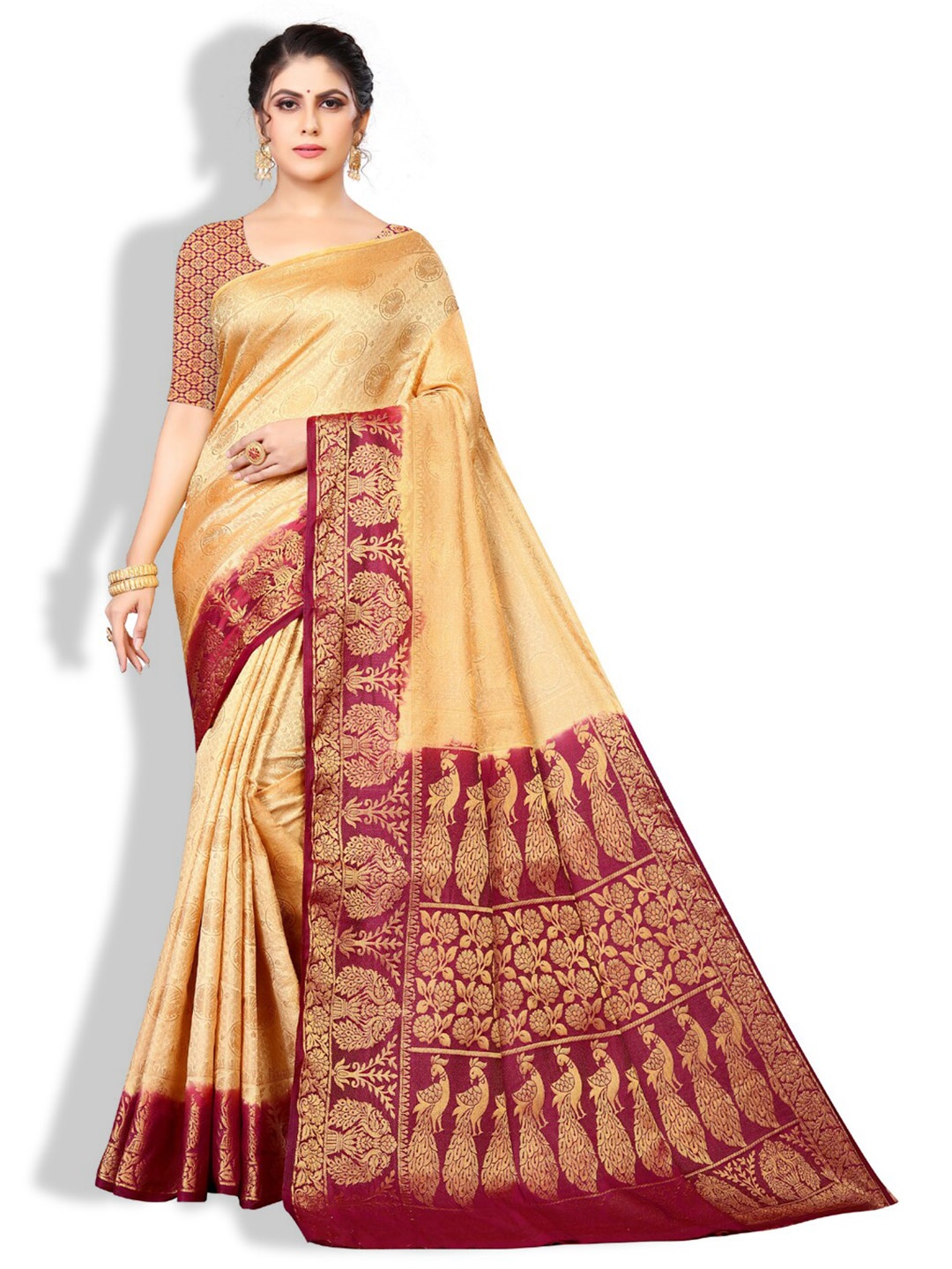 

ZEEPKART Ethnic Motifs Woven Design Zari Kanjeevaram Saree, Cream