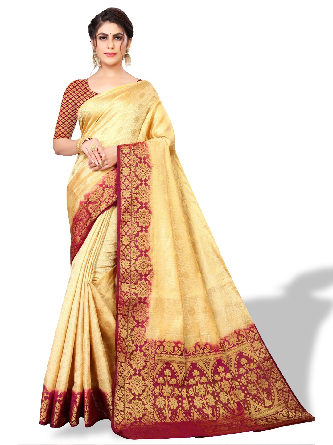 

ZEEPKART Ethnic Motifs Woven Design Zari Kanjeevaram Saree, Cream