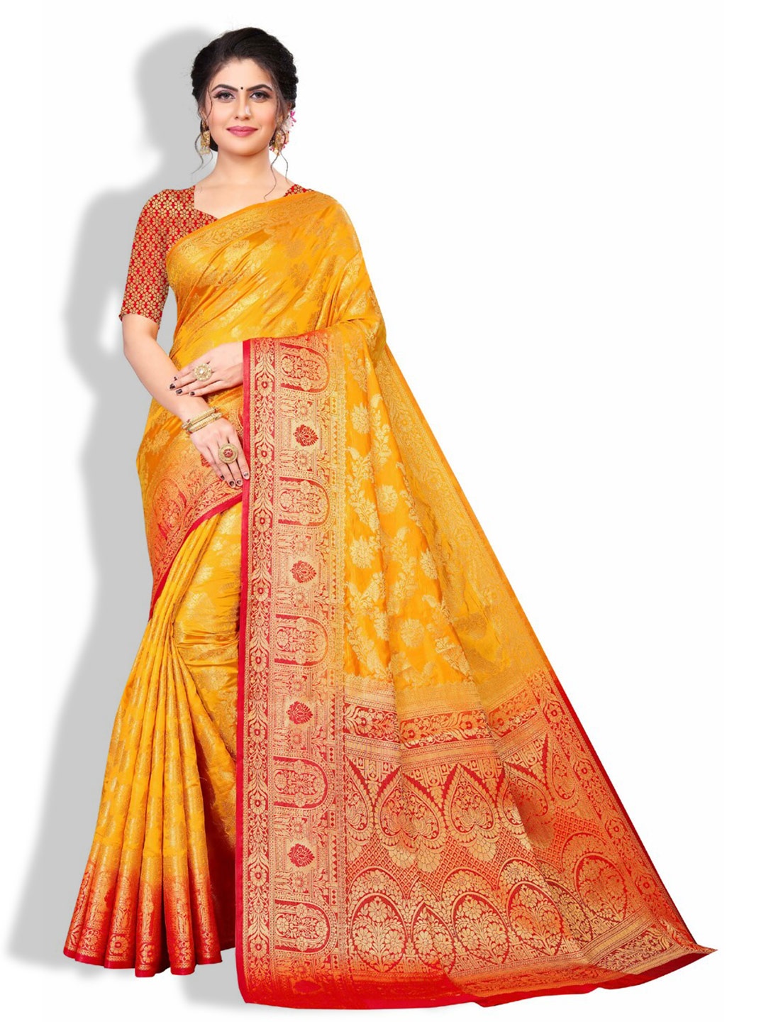 

ZEEPKART Floral Printed Woven Design Zari Kanjeevaram Saree, Yellow