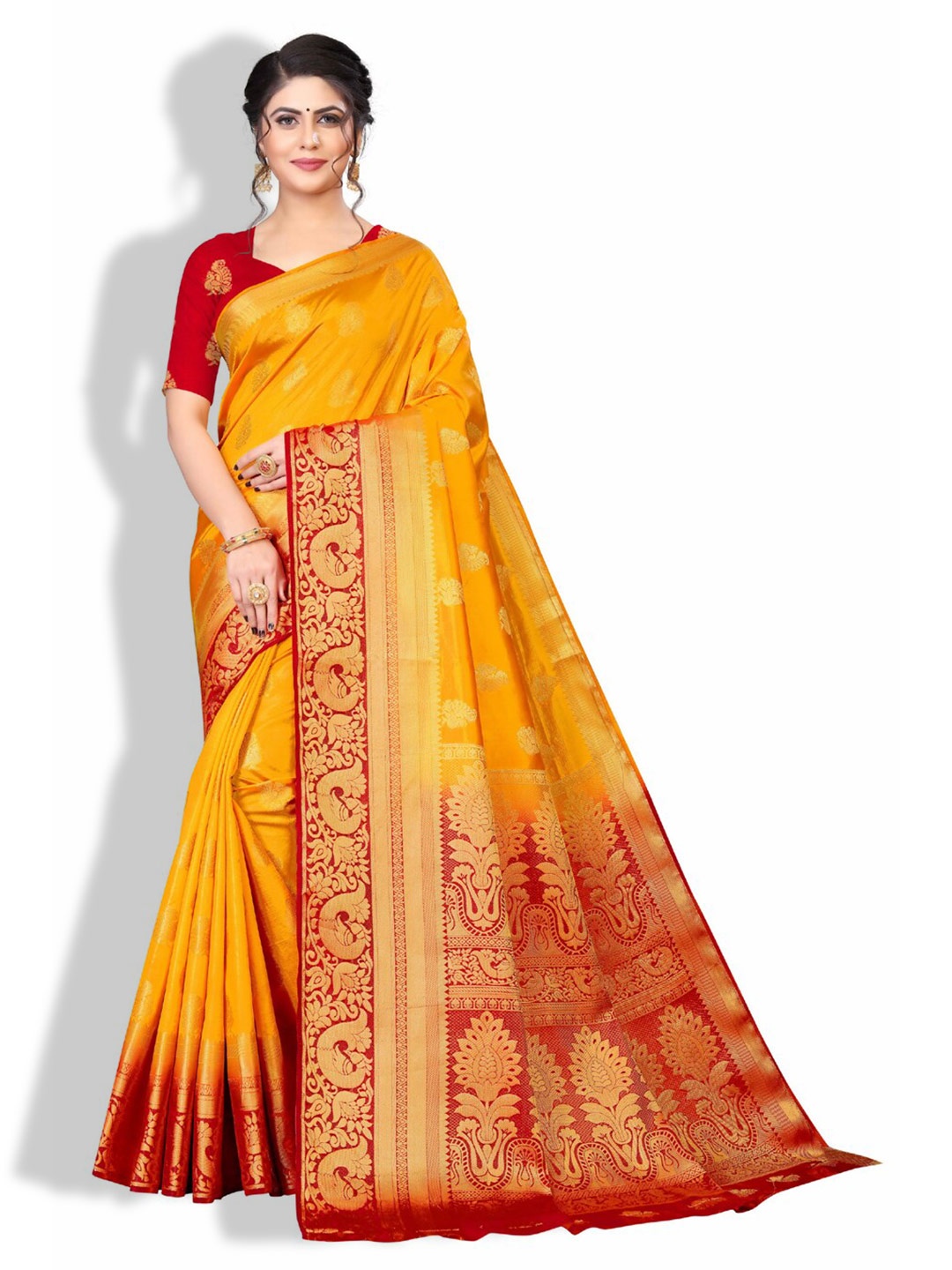 

ZEEPKART Ethnic Motifs Woven Design Zari Kanjeevaram Saree, Orange