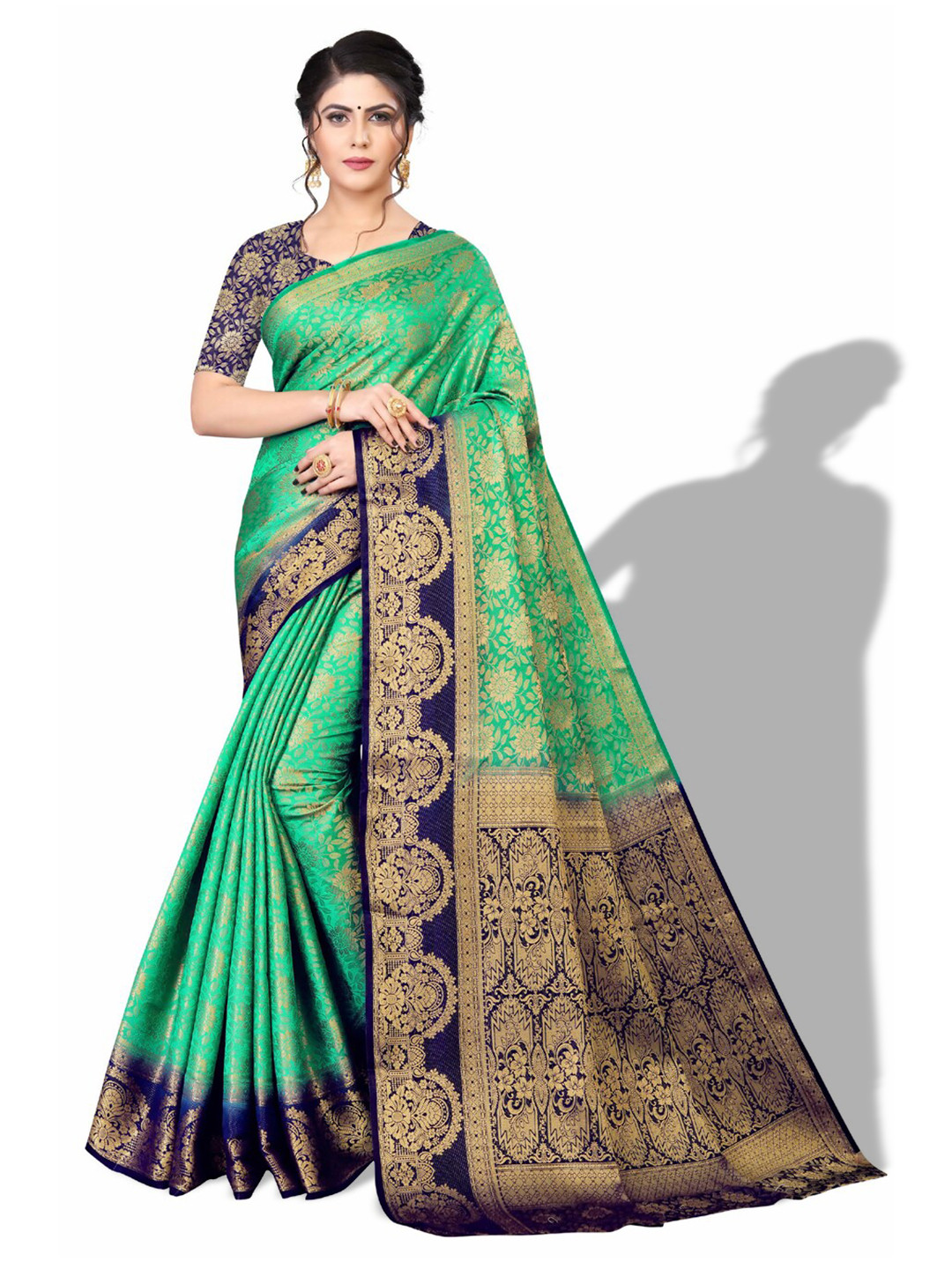 

ZEEPKART Ethnic Motifs Woven Design Zari Kanjeevaram Saree, Blue