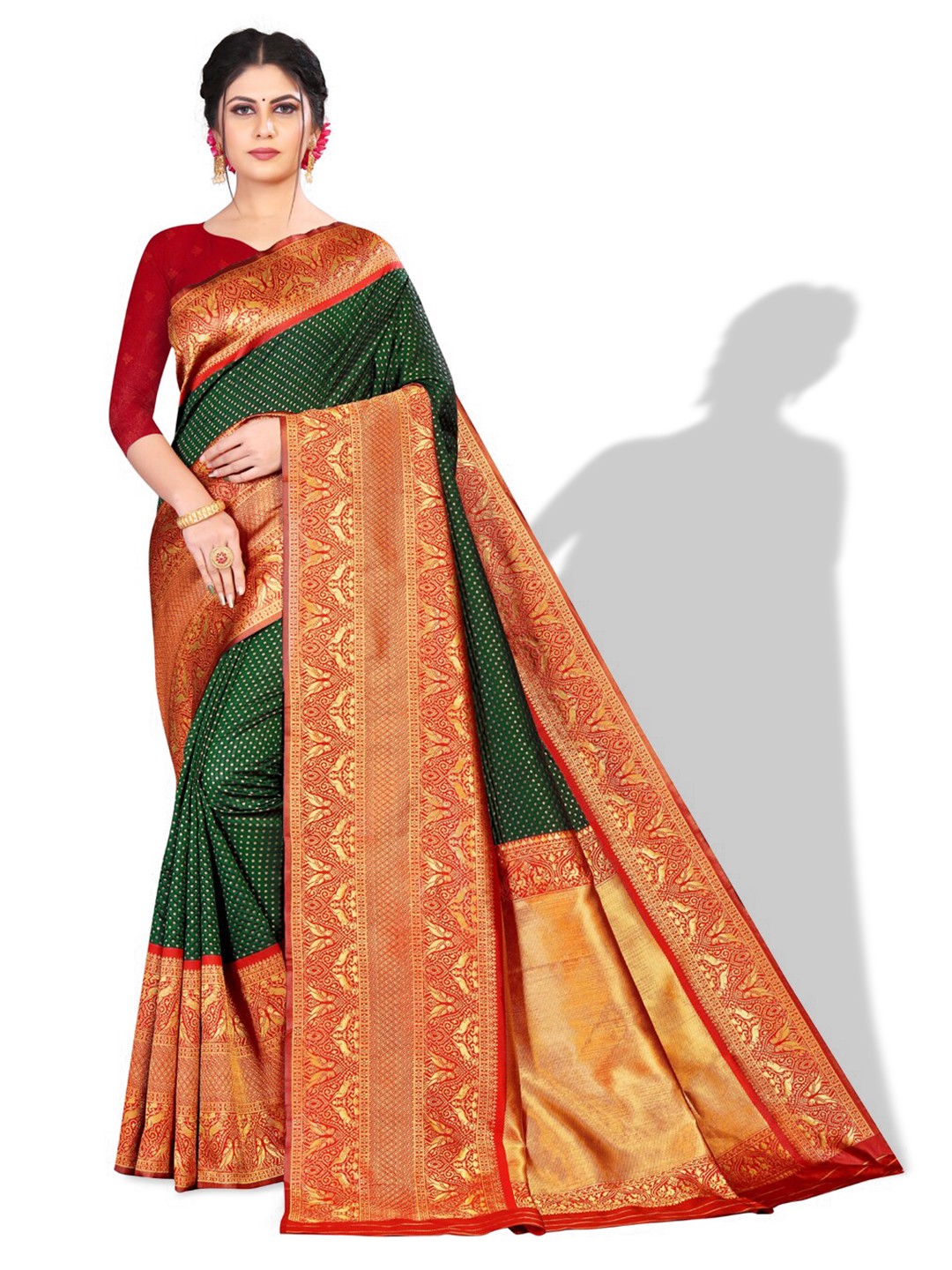 

ZEEPKART Polka Dot Woven Design Zari Kanjeevaram Saree, Green