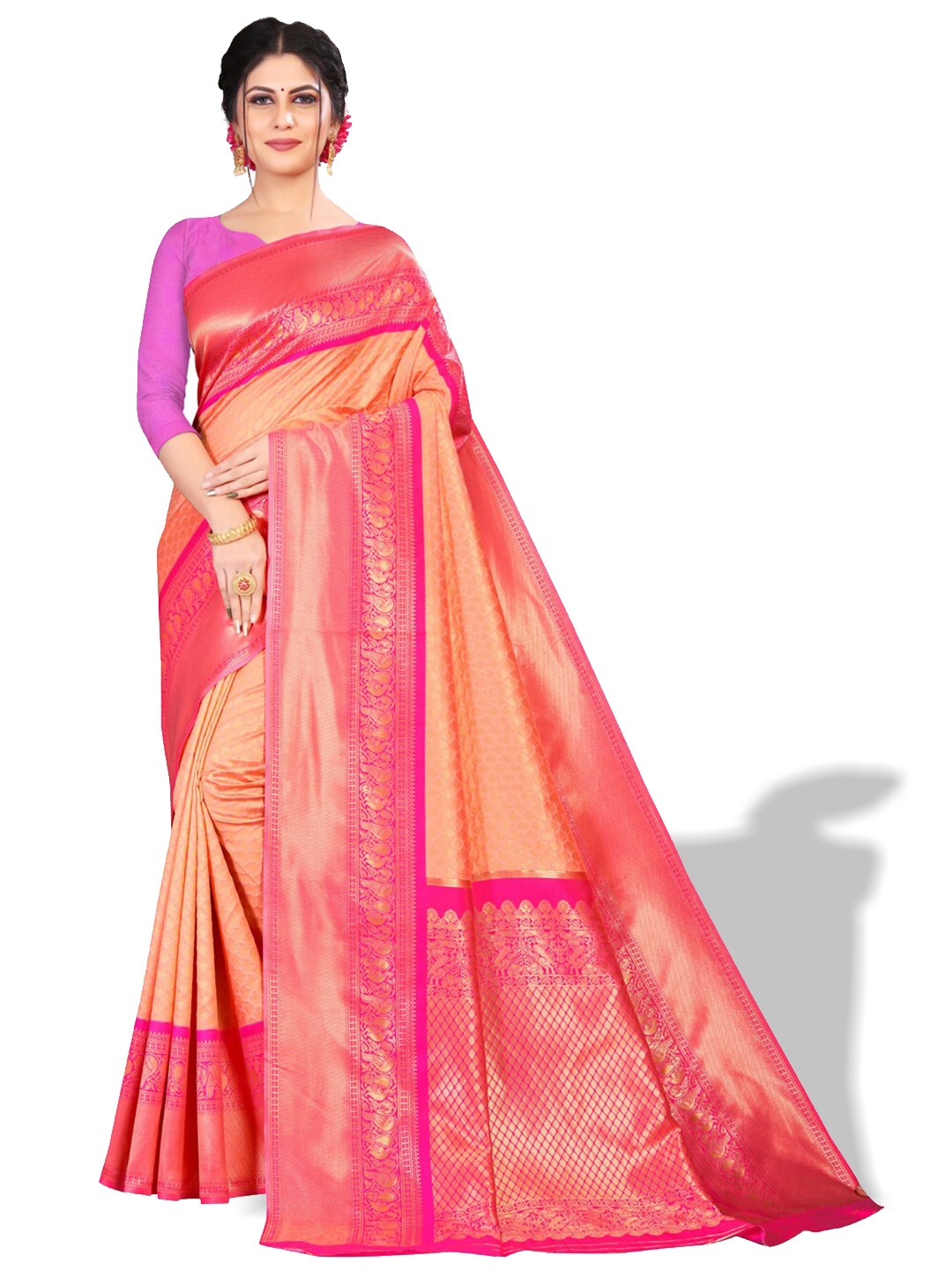 

ZEEPKART Ethnic Motifs Printed Woven Design Zari Kanjeevaram Saree, Pink