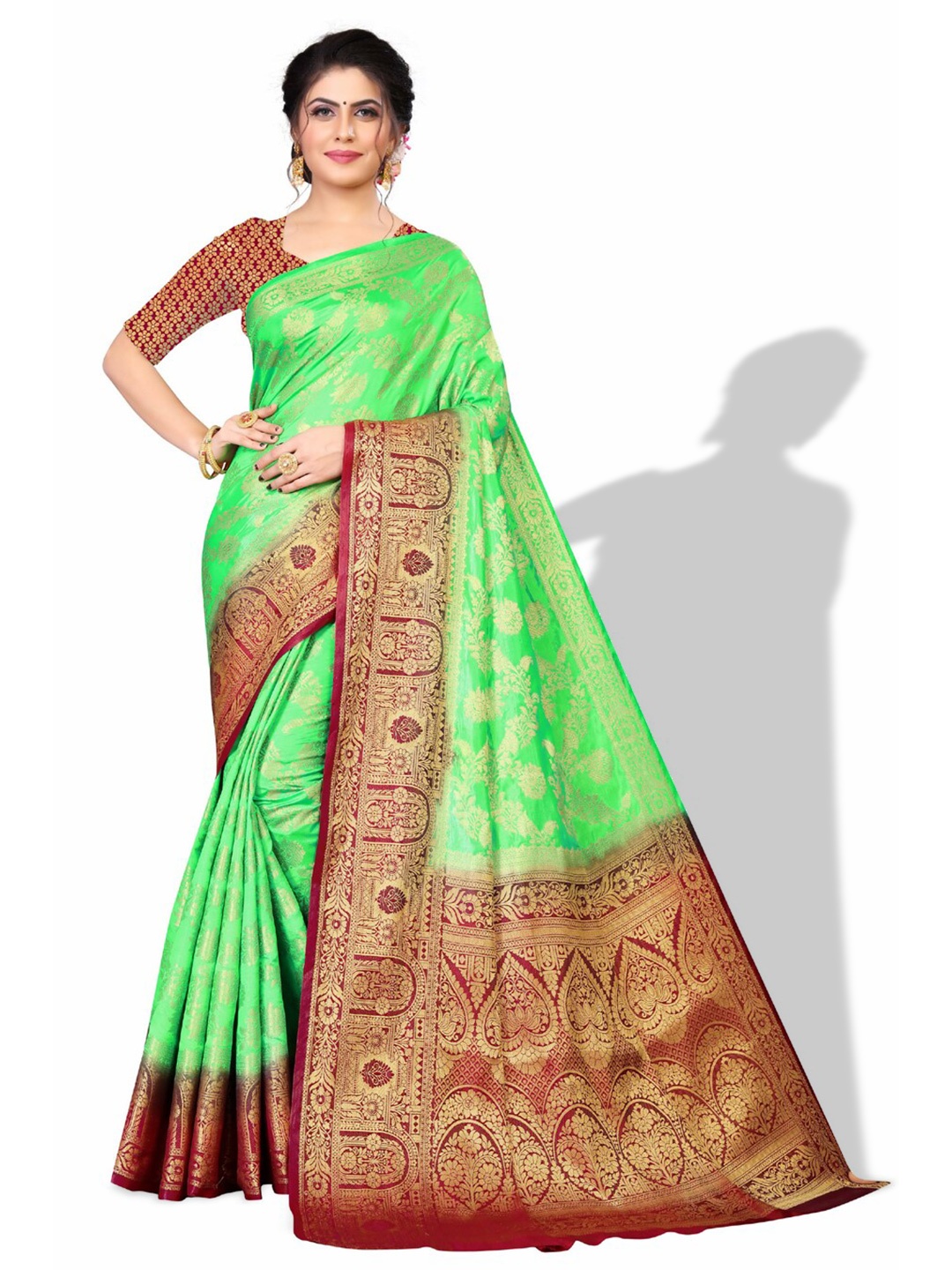 

ZEEPKART Ethnic Motifs Woven Design Zari Kanjeevaram Saree, Green
