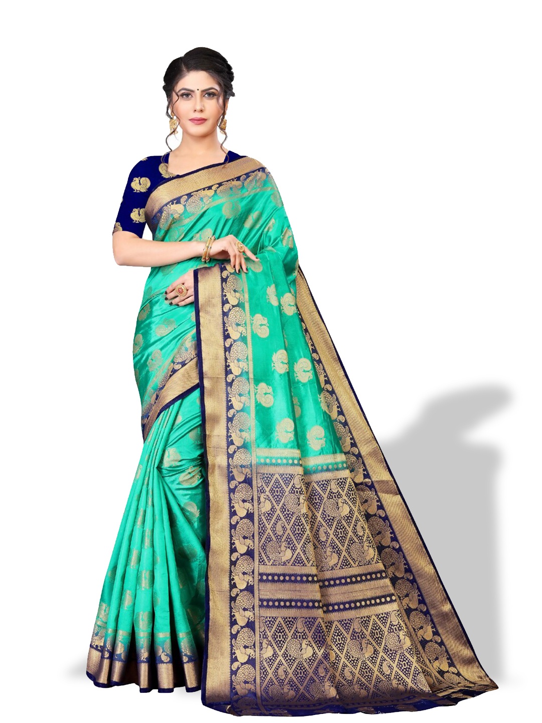 

ZEEPKART Ethnic Motifs Woven Design Zari Kanjeevaram Saree, Blue
