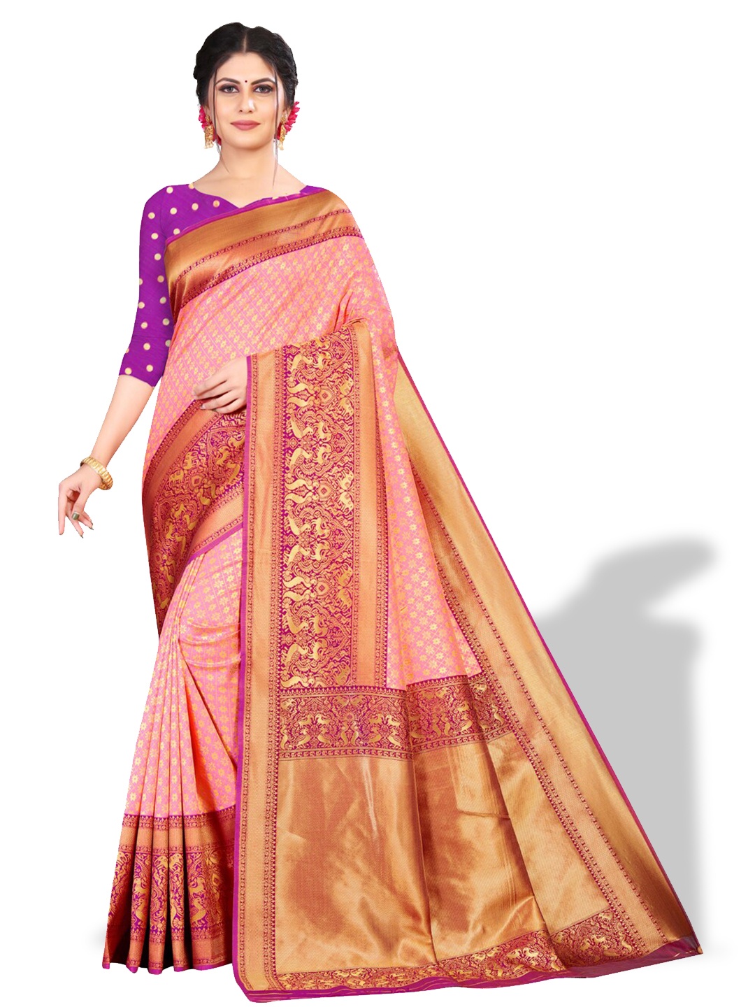 

ZEEPKART Floral Woven Design Zari Kanjeevaram Saree, Pink