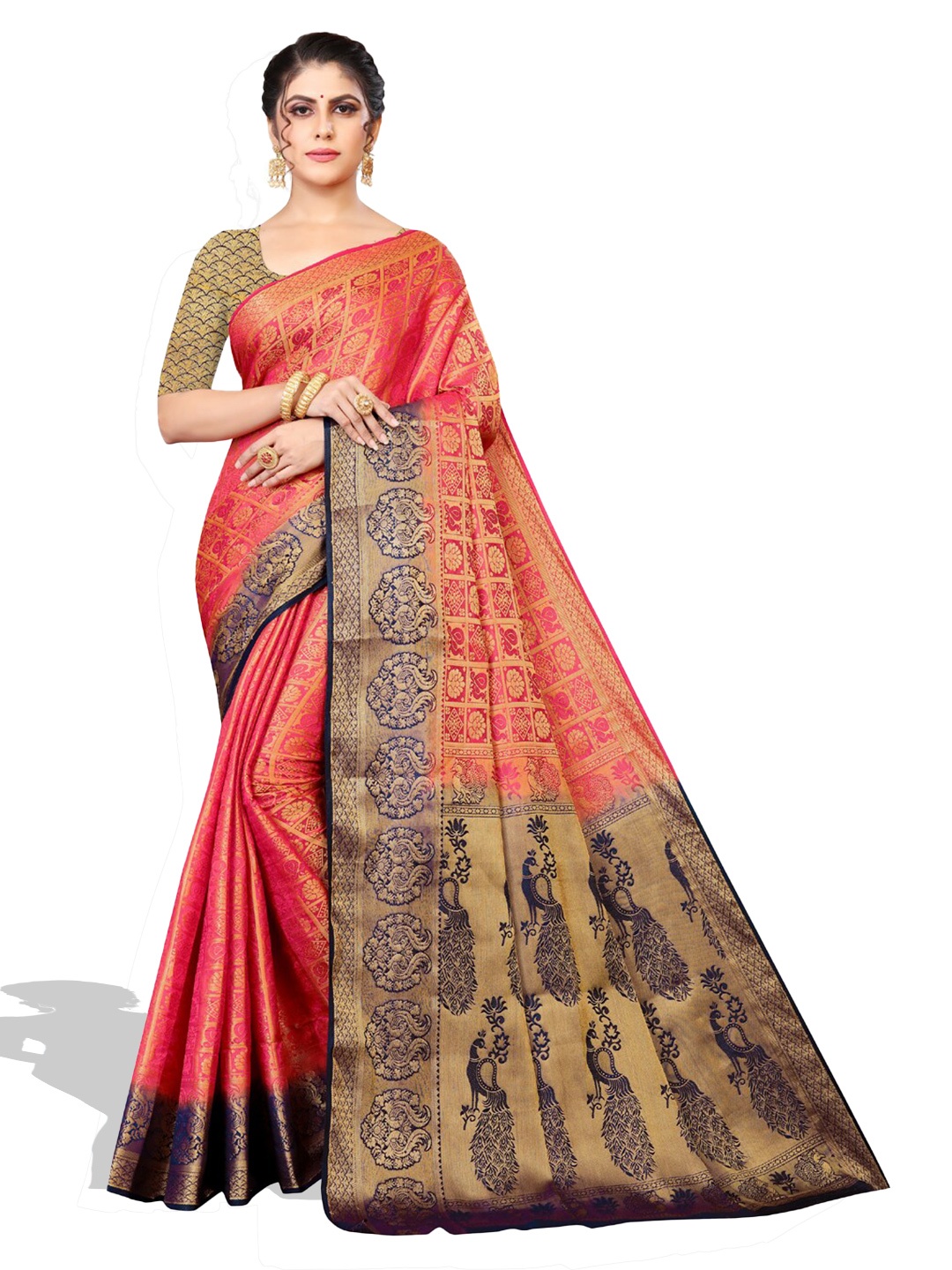 

ZEEPKART Ethnic Motifs Woven Design Zari Kanjeevaram Saree, Pink