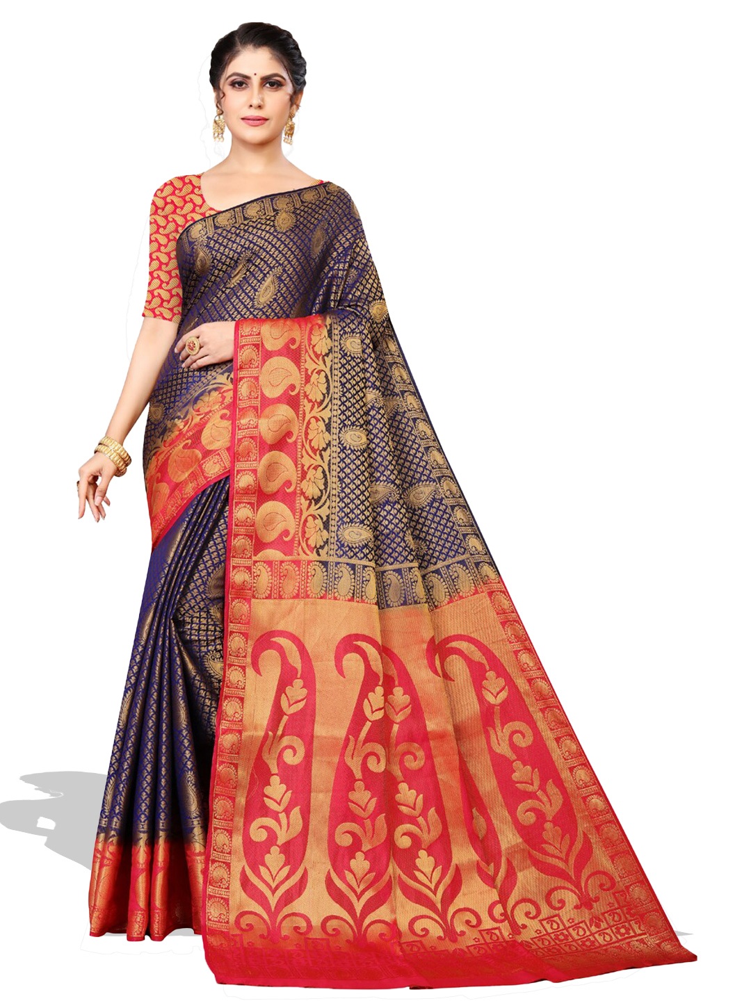 

ZEEPKART Ethnic Motifs Woven Design Zari Kanjeevaram Saree, Blue