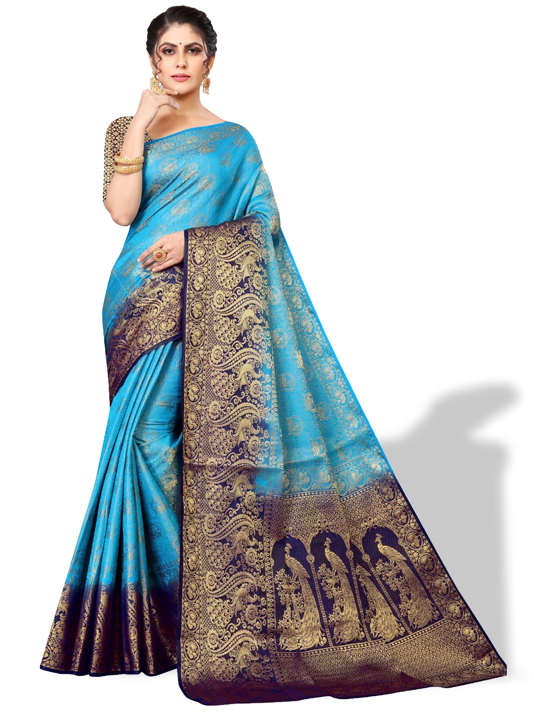 

ZEEPKART Ethnic Motifs Woven Design Zari Kanjeevaram Sareee, Blue