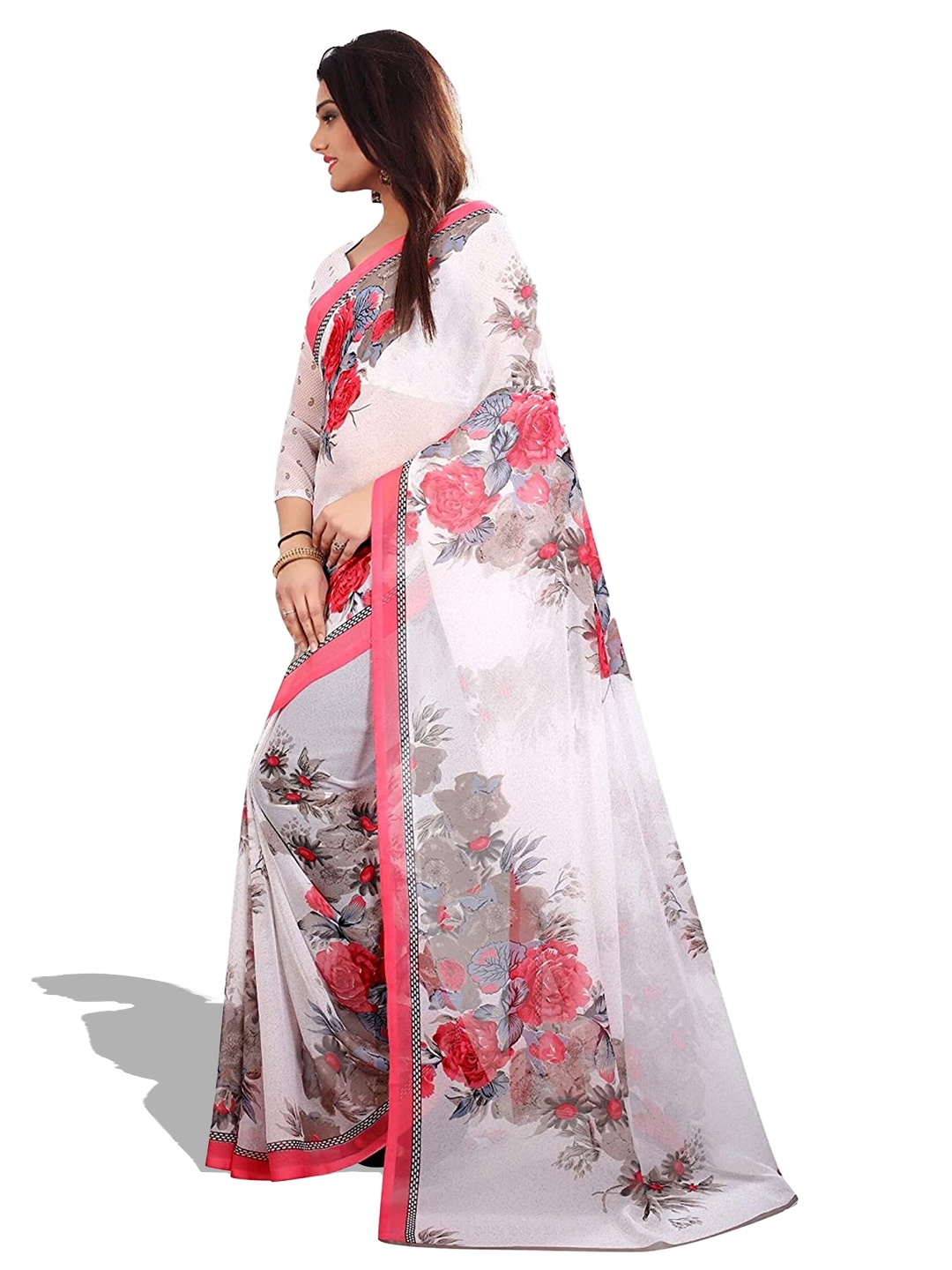 

ZEEPKART Floral Printed Poly Silk Kanjeevaram Saree, Pink
