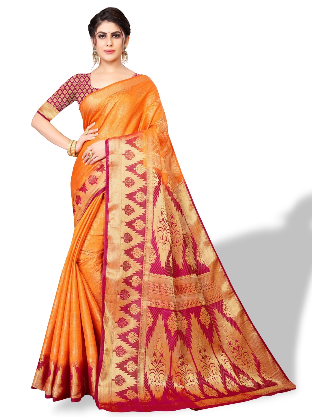 

ZEEPKART Ethnic Motifs Woven Design Zari Kanjeevaram Saree, Orange