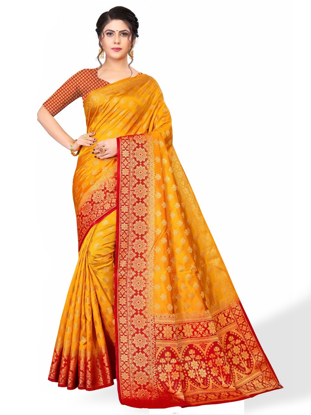 

ZEEPKART Ethnic Motifs Woven Design Zari Kanjeevaram Saree, Yellow