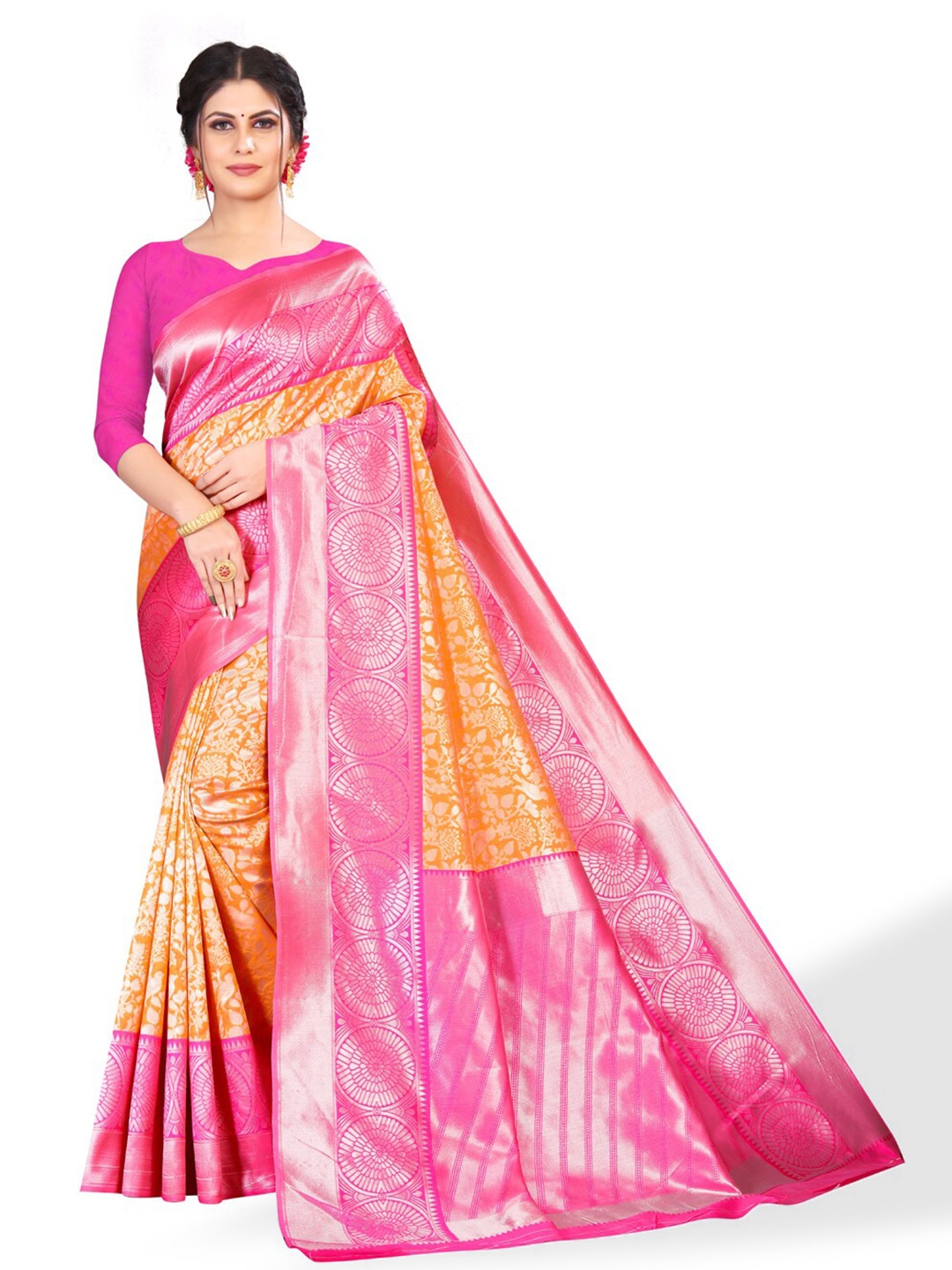

ZEEPKART Ethnic Motifs Woven Design Zari Kanjeevaram Saree, Orange