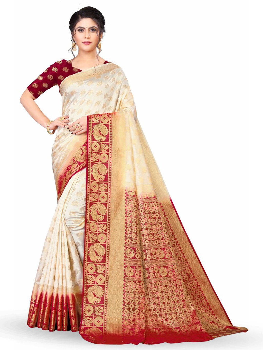 

ZEEPKART Woven Design Zari Kanjeevaram Saree, White