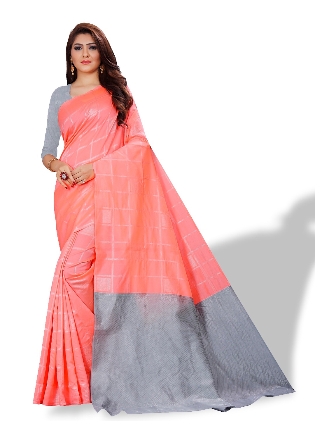 

ZEEPKART Checked Woven Design Zari Kanjeevaram Saree, Pink