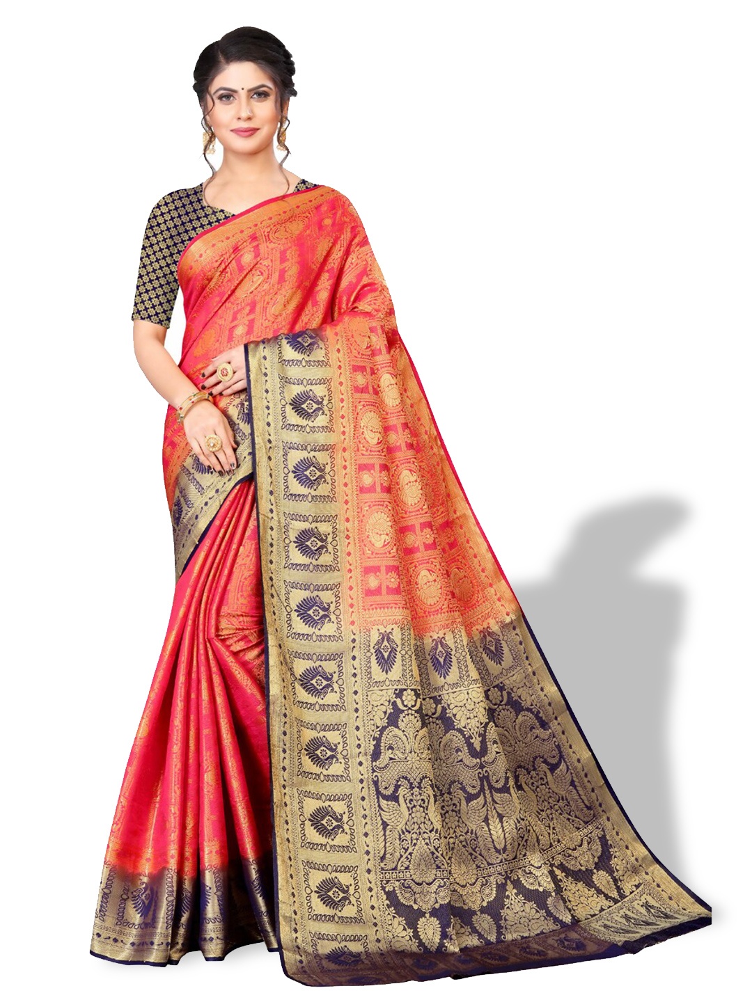 

ZEEPKART Ethnic Motifs Woven Design Zari Kanjeevaram Saree, Pink