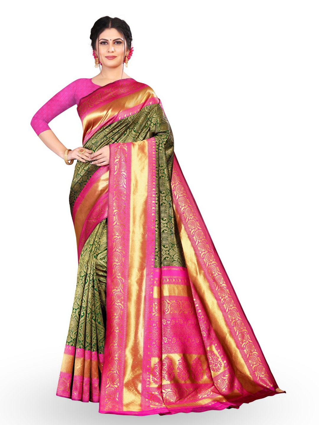 

ZEEPKART Ethnic Motifs Woven Design Zari Kanjeevaram Saree, Green