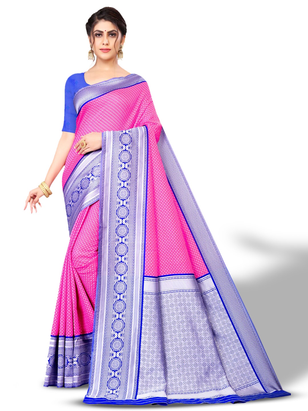 

ZEEPKART Polka Dot Woven Design Zari Kanjeevaram Saree, Pink