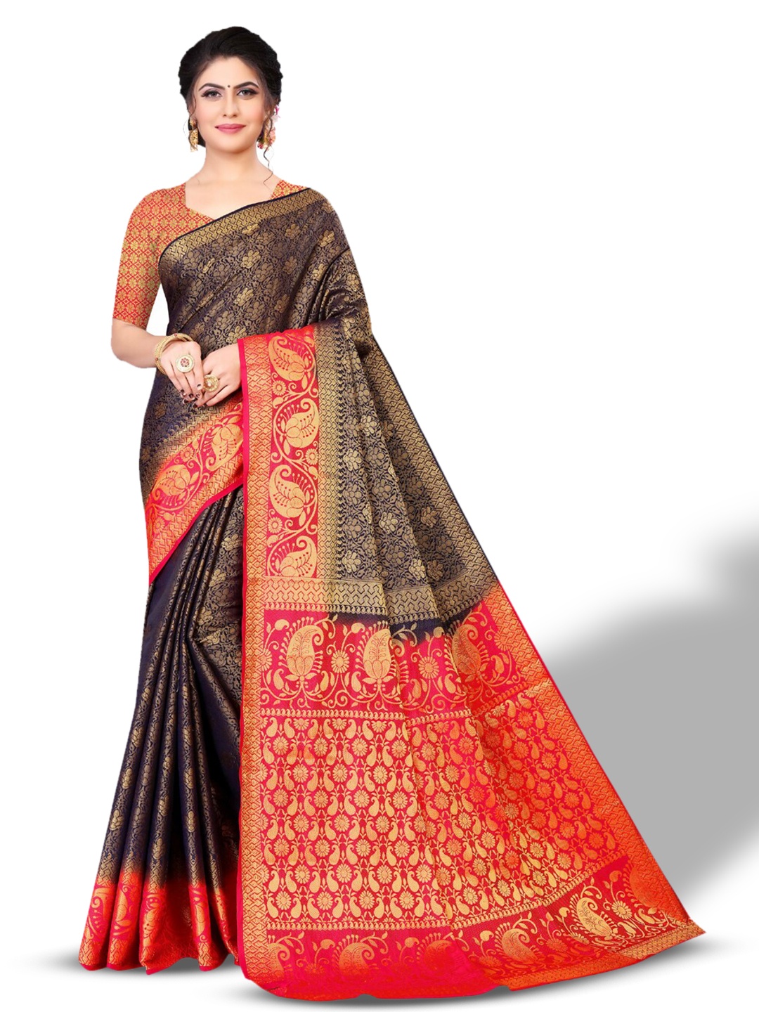 

ZEEPKART Ethnic Motifs Woven Design Zari Kanjeevaram Saree, Brown