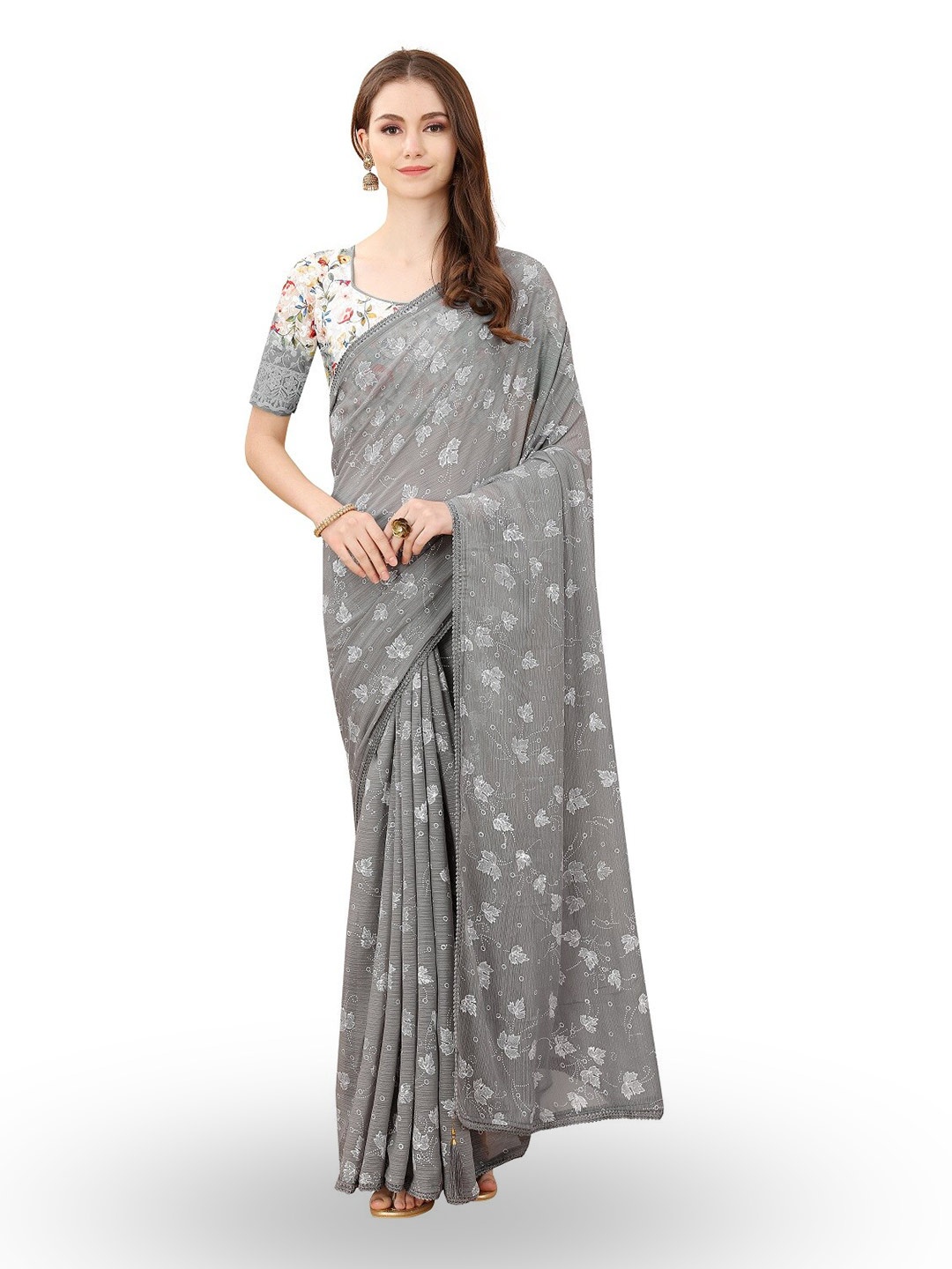 

ZEEPKART Floral Motifs Printed Kanjeevaram Saree, Grey