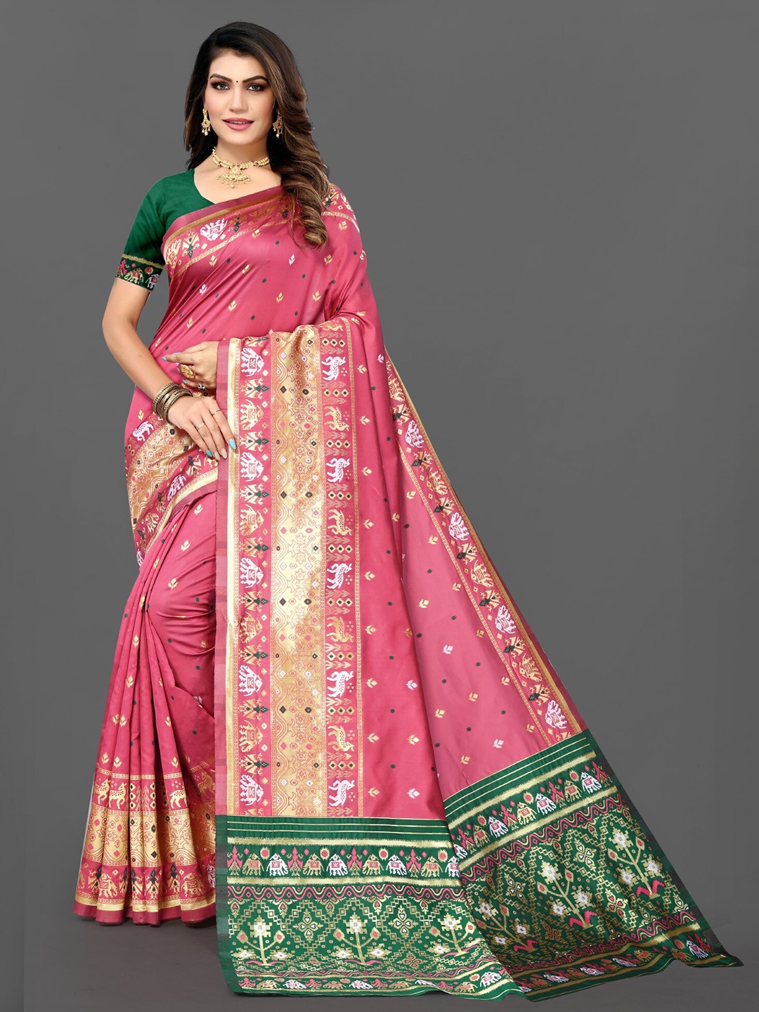 

ZEEPKART Ethnic Motifs Woven Design Zari Kanjeevaram Saree, Pink