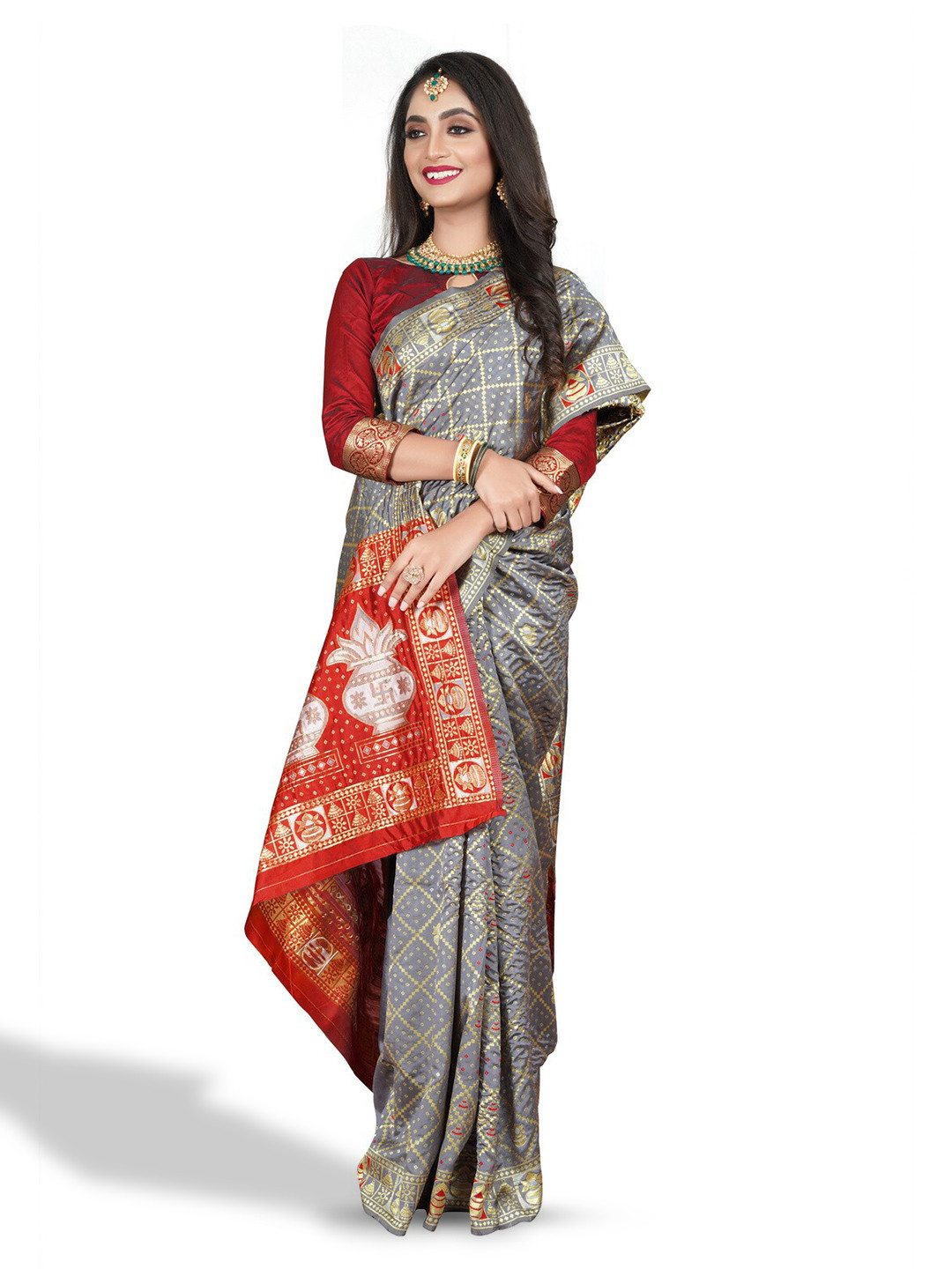 

ZEEPKART Ethnic Motifs Woven Design Zari Kanjeevaram Saree, Grey