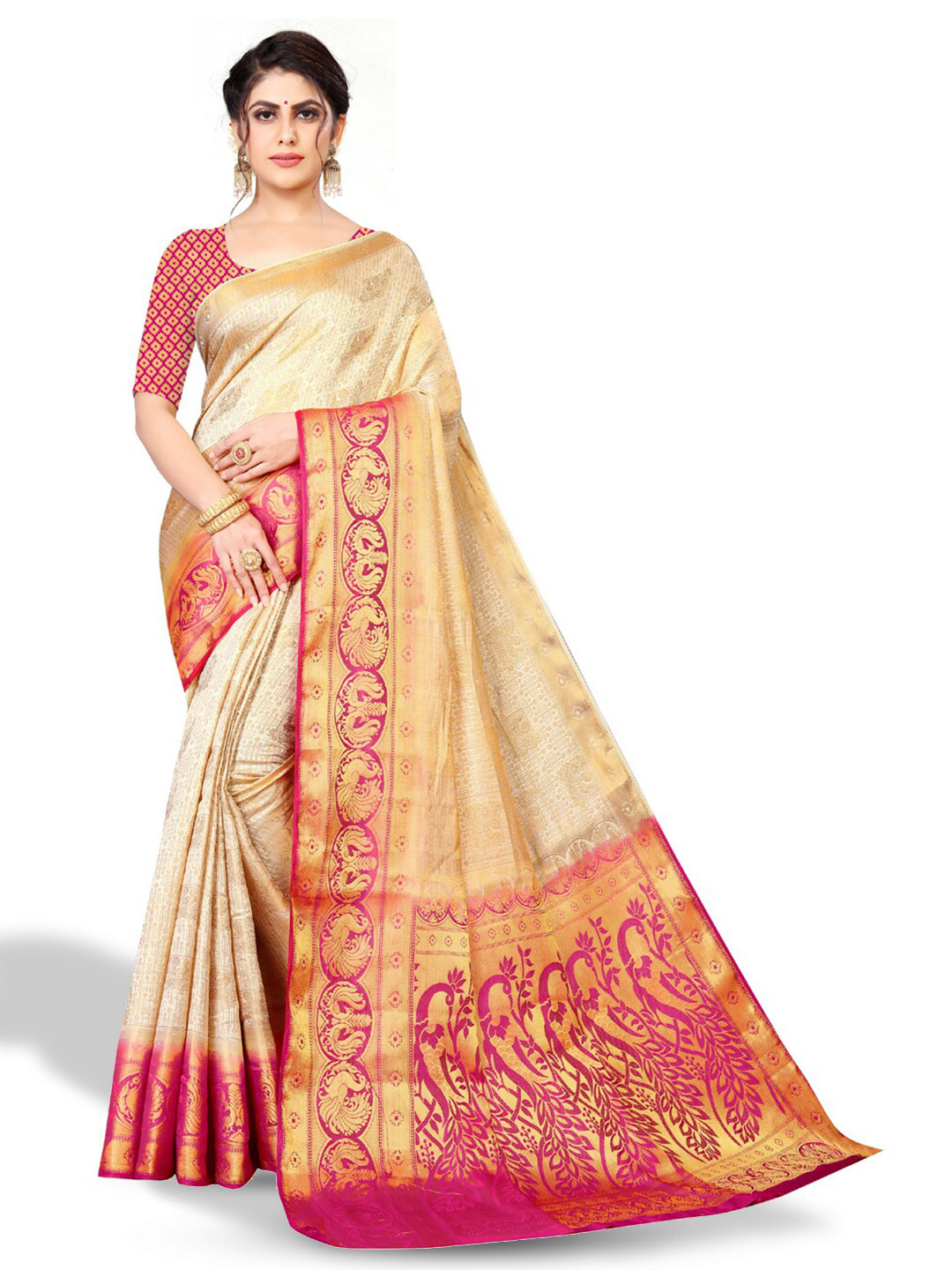 

ZEEPKART Ethnic Motifs Woven Design Zari Kanjeevaram Saree, White