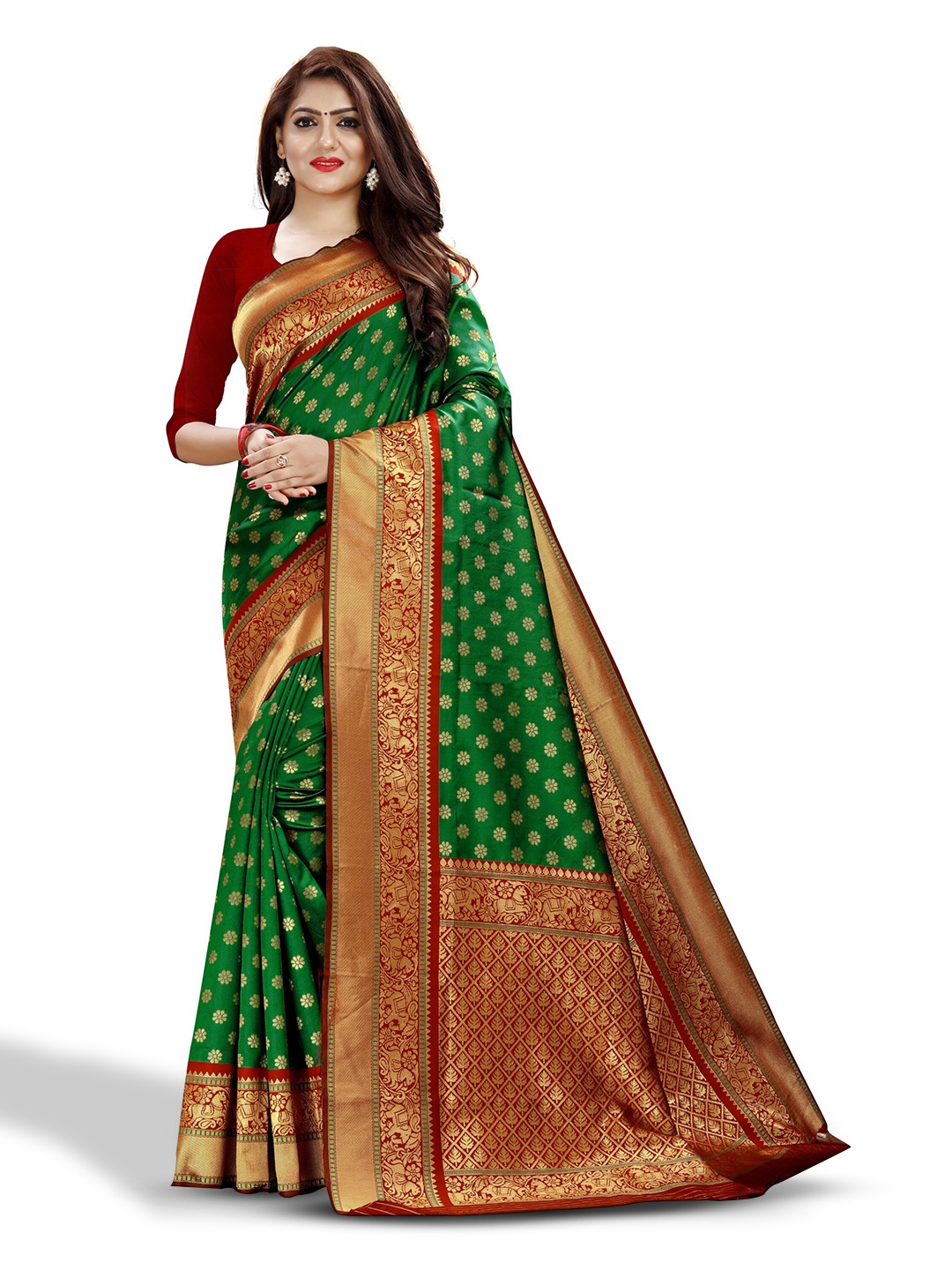 

ZEEPKART Ethnic Motifs Woven Design Zari Kanjeevaram Saree, Green