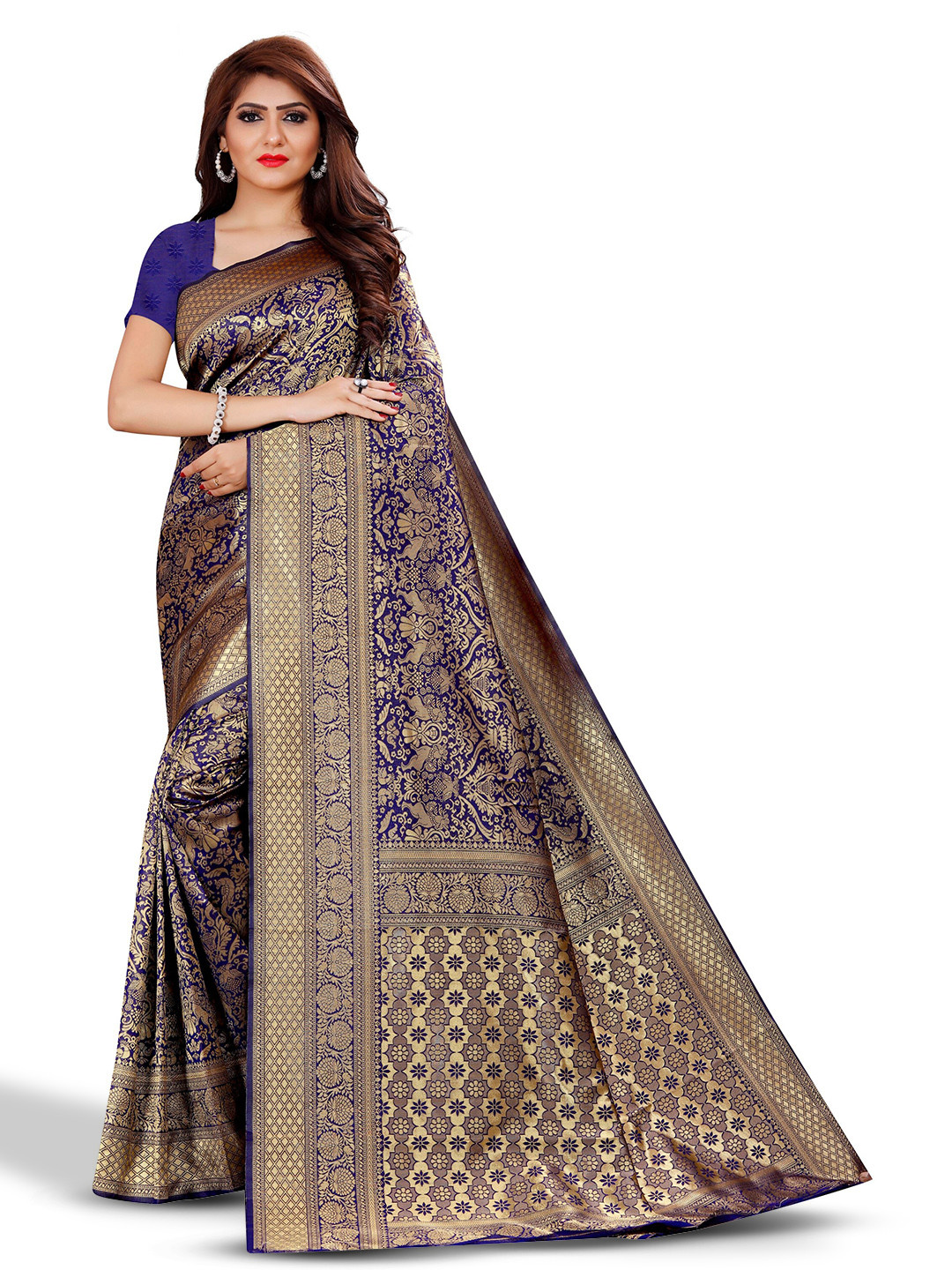 

ZEEPKART Floral Woven Design Zari Kanjeevaram Saree, Blue