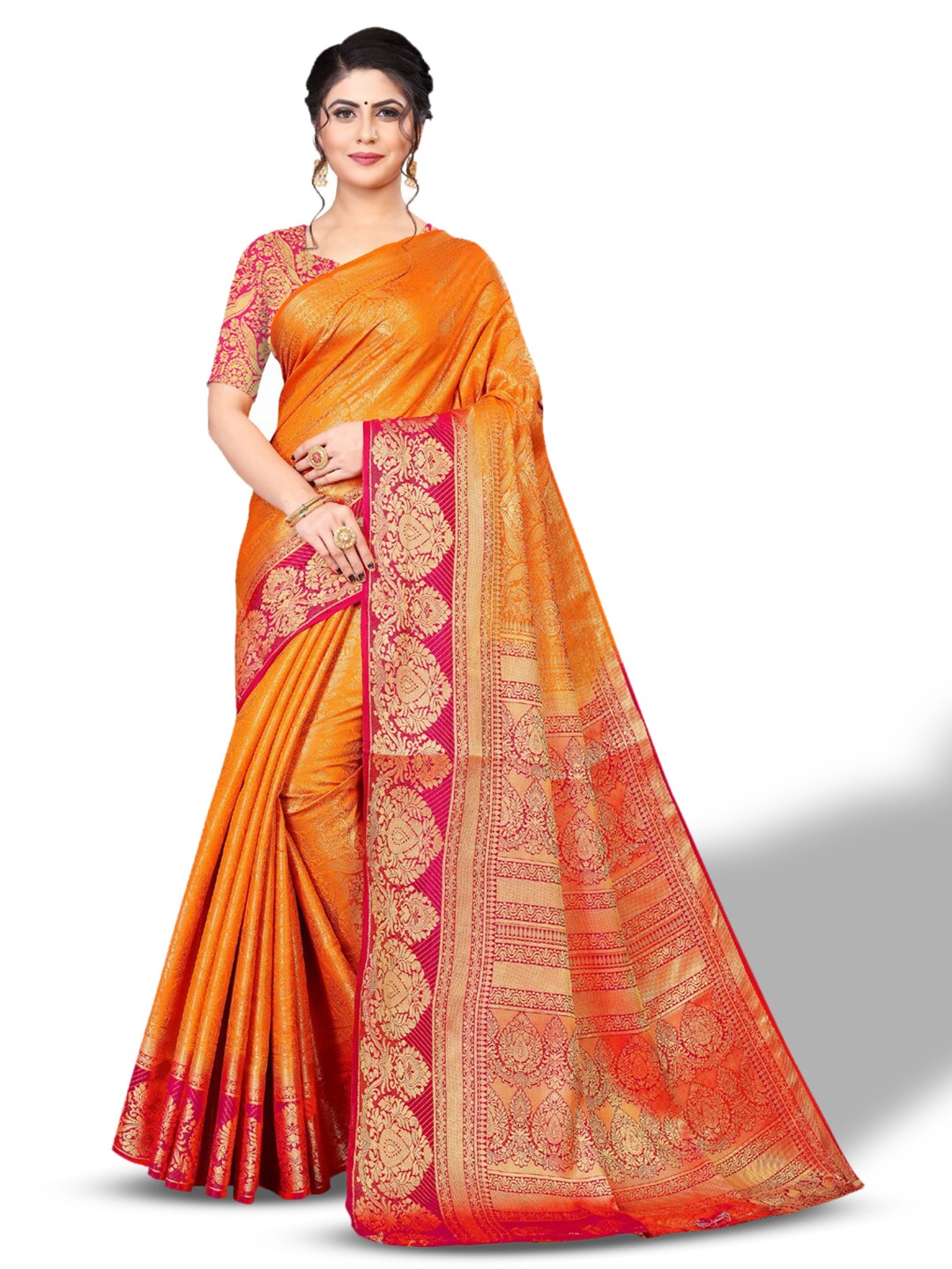 

ZEEPKART Ethnic Motifs Woven Design Zari Kanjeevaram Saree, Orange