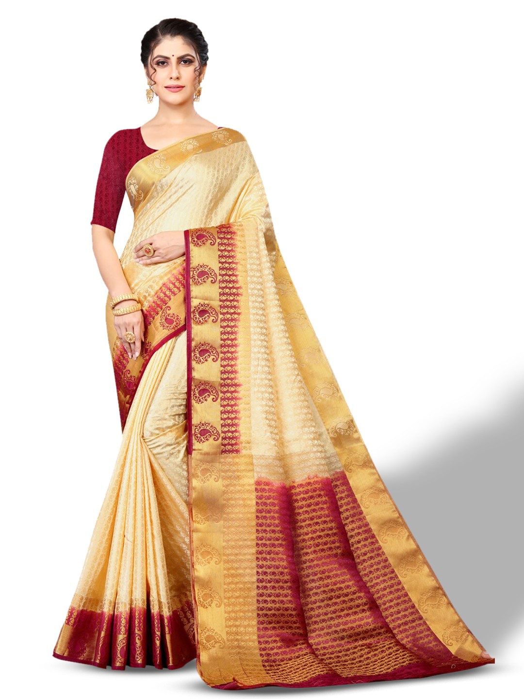 

ZEEPKART Paisley Woven Design Zari Kanjeevaram Saree, Cream