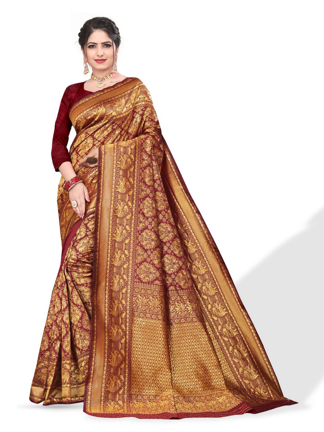 

ZEEPKART Ethnic Motifs Woven Design Zari Kanjeevaram Saree, Maroon