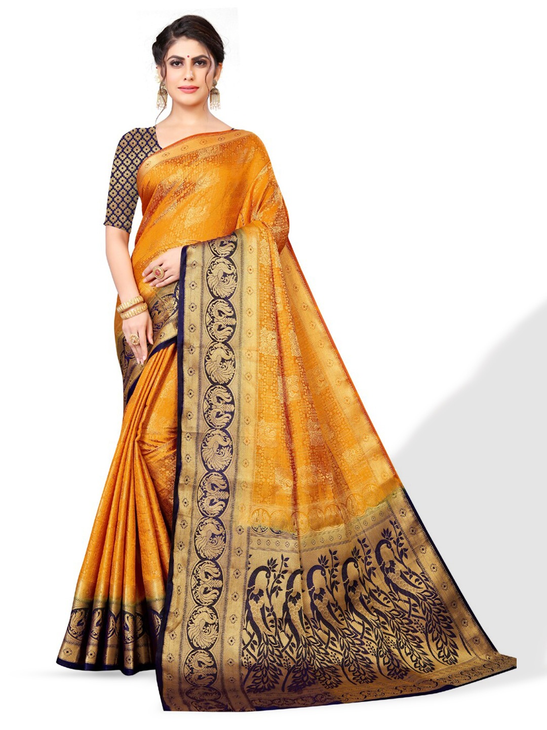 

ZEEPKART Ethnic Motifs Woven Design Poly Silk Kanjeevaram Saree, Mustard