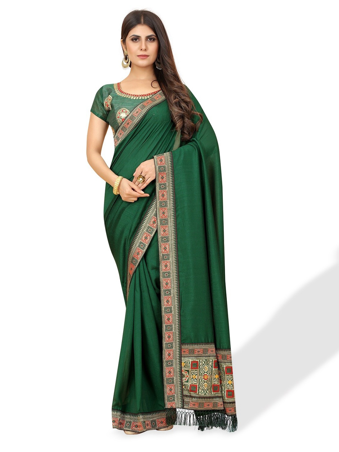 

ZEEPKART Embellished Border Saree, Green