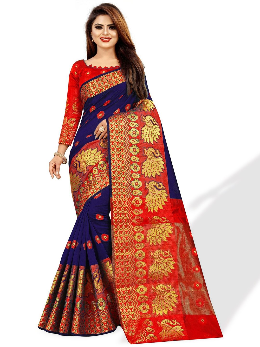 

ZEEPKART Ethnic Motifs Woven Design Zari Kanjeevaram Saree, Blue