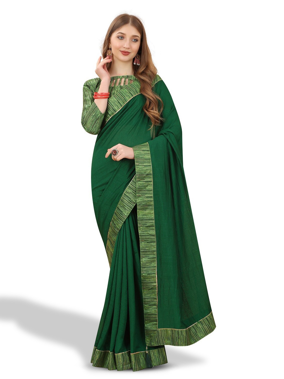 

ZEEPKART Striped Border Kanjeevaram Saree, Green