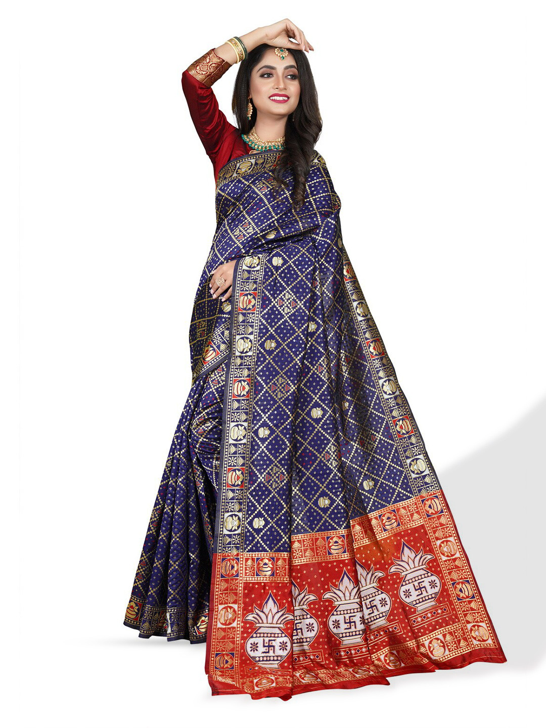 

ZEEPKART Geometric Woven Design Zari Kanjeevaram Saree, Blue