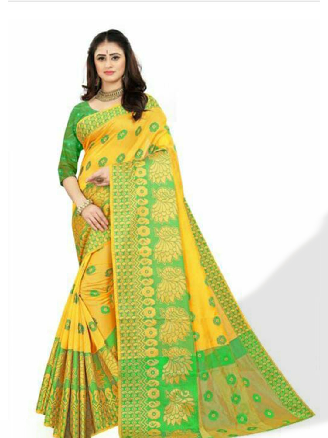 

ZEEPKART Ethnic Motifs Woven Design Zari Kanjeevaram Saree, Yellow