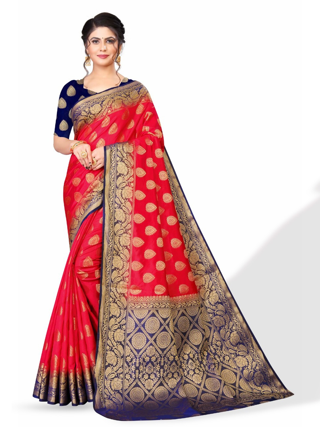 

ZEEPKART Ethnic Motifs Woven Design Zari Kanjeevaram Saree, Red