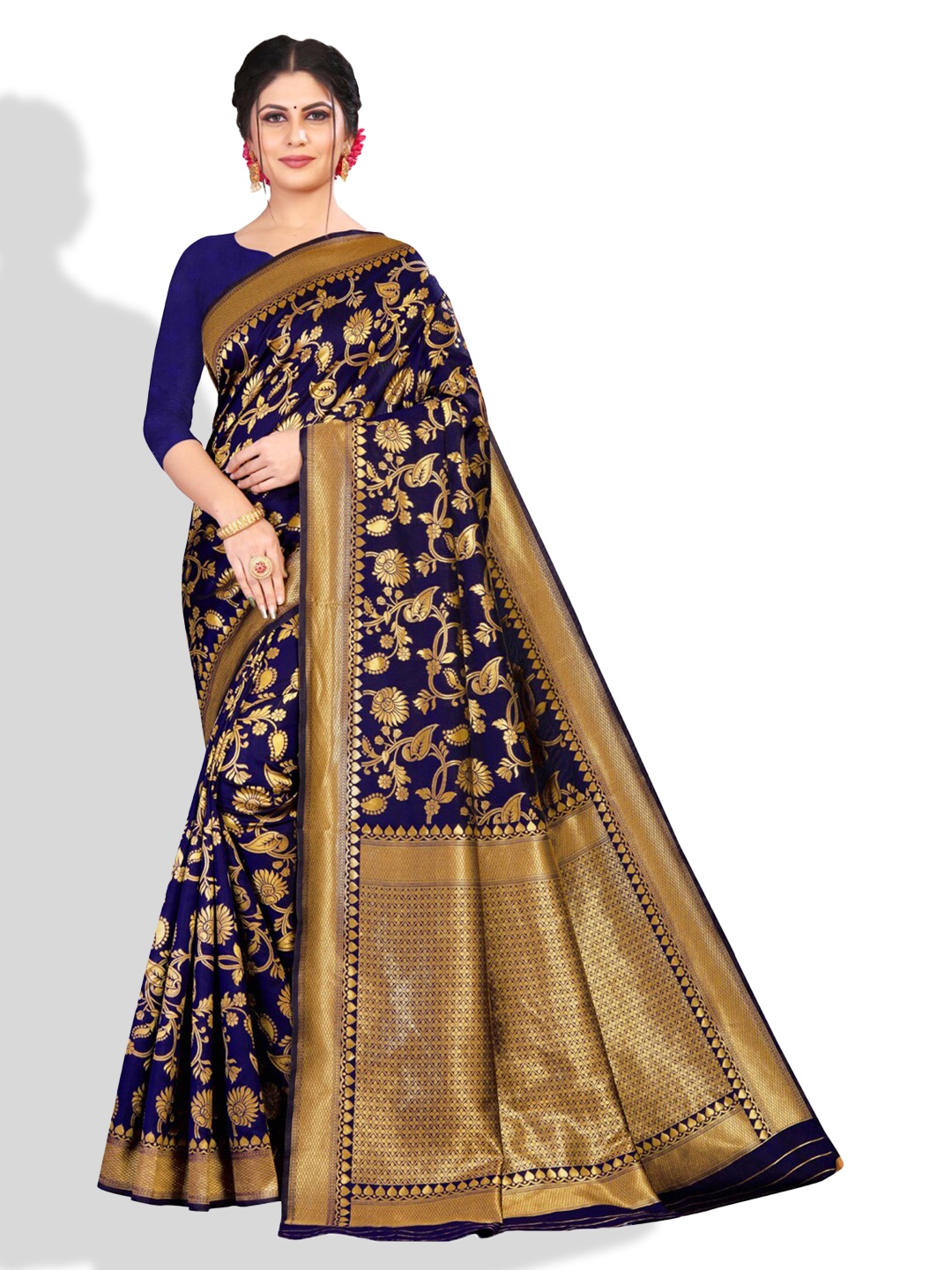 

ZEEPKART Ethnic Motifs Woven Design Zari Kanjeevaram Saree, Blue