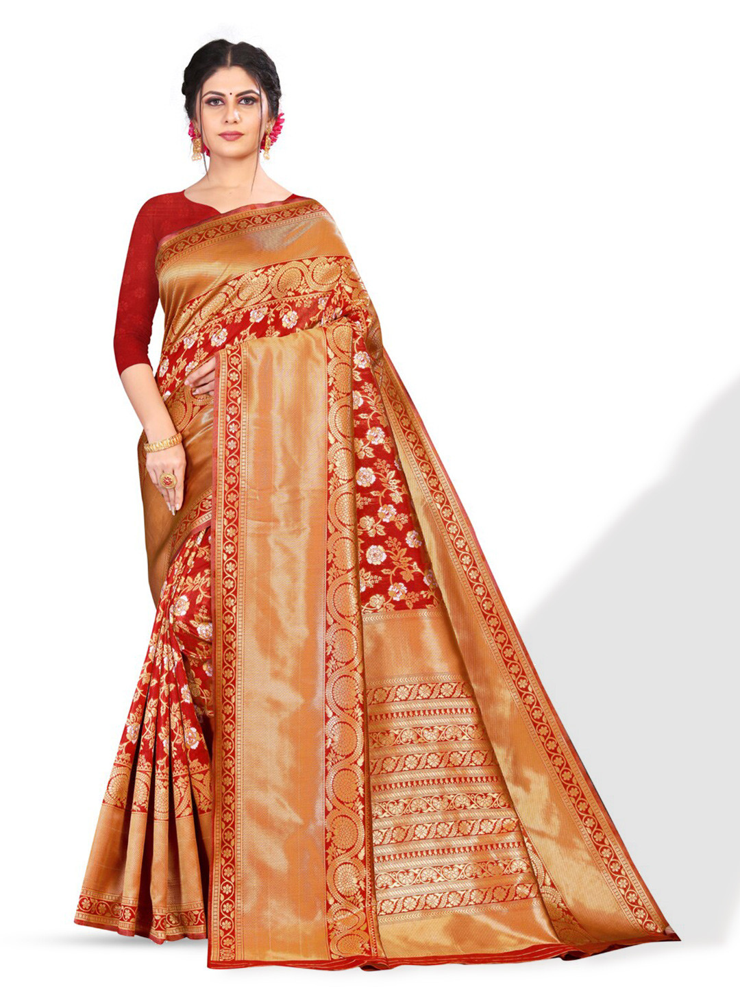 

ZEEPKART Floral Design Woven Design Zari Kanjeevaram Saree, Red
