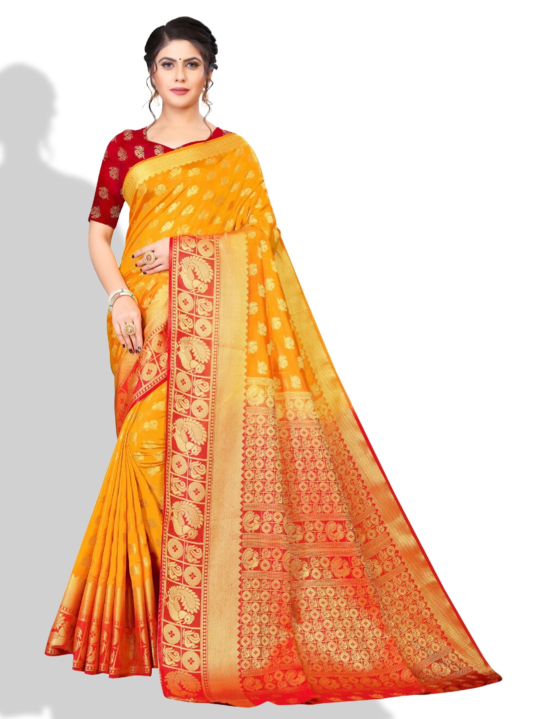 

ZEEPKART Ethnic Motifs Woven Design Zari Kanjeevaram Saree, Mustard
