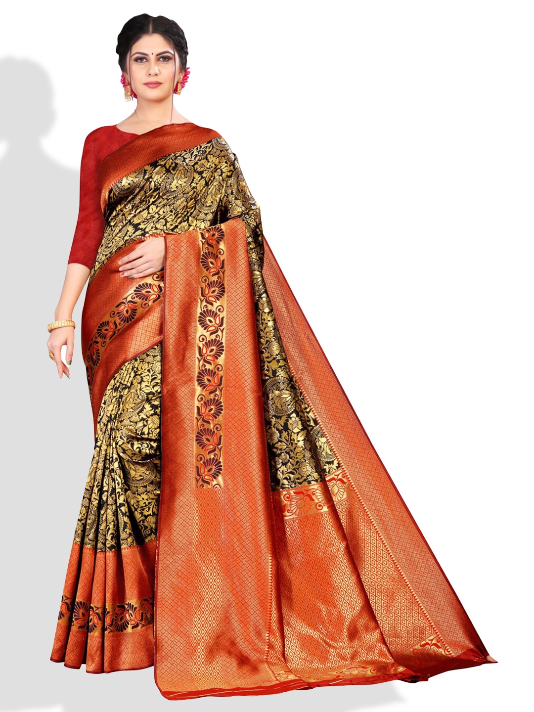 

ZEEPKART Ethnic Motifs Woven Design Zari Kanjeevaram Saree, Black