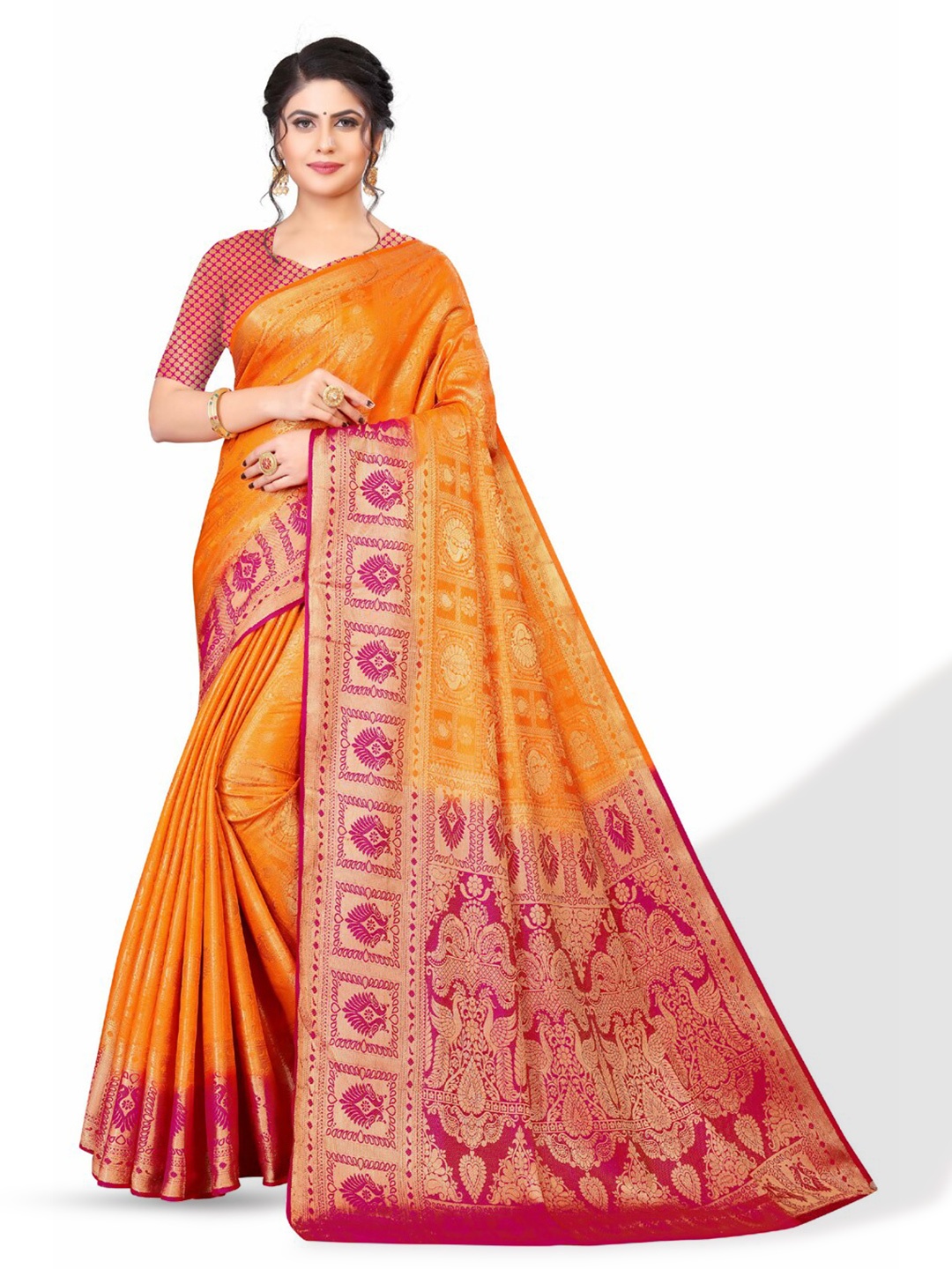 

ZEEPKART Ethnic Motifs Woven Design Zari Kanjeevaram Saree, Orange