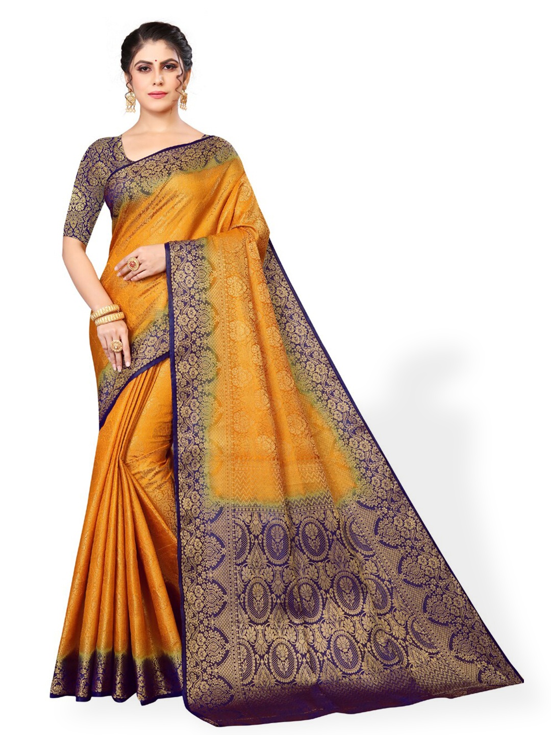 

ZEEPKART Ethnic Motifs Printed Woven Design Zari Kanjeevaram Saree, Mustard