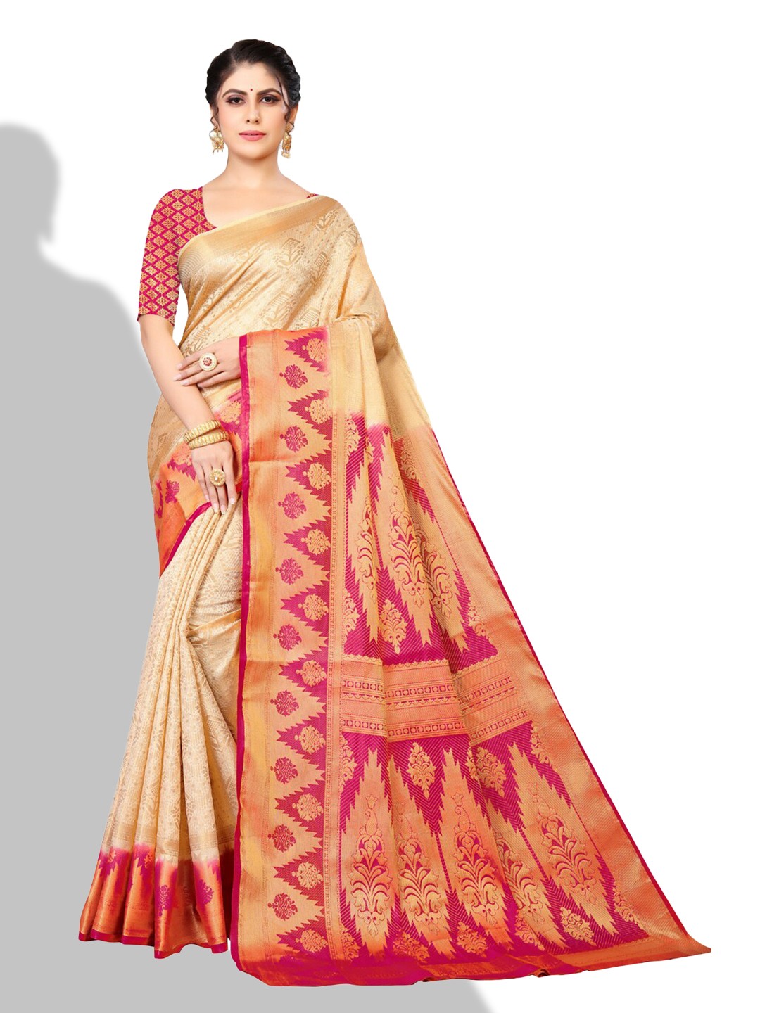 

ZEEPKART Ethnic Motifs Woven Design Zari Kanjeevaram Saree, Cream