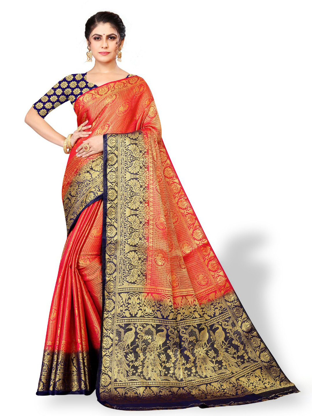 

ZEEPKART Ethnic Motifs Printed Woven Design Zari Kanjeevaram Saree, Pink