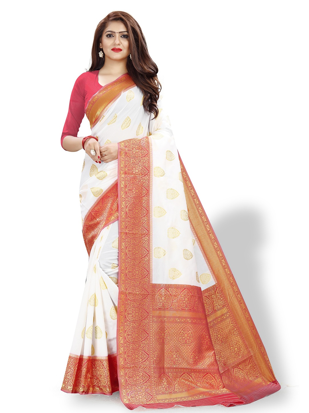 

ZEEPKART Floral Printed Woven Design Zari Kanjeevaram Saree, White